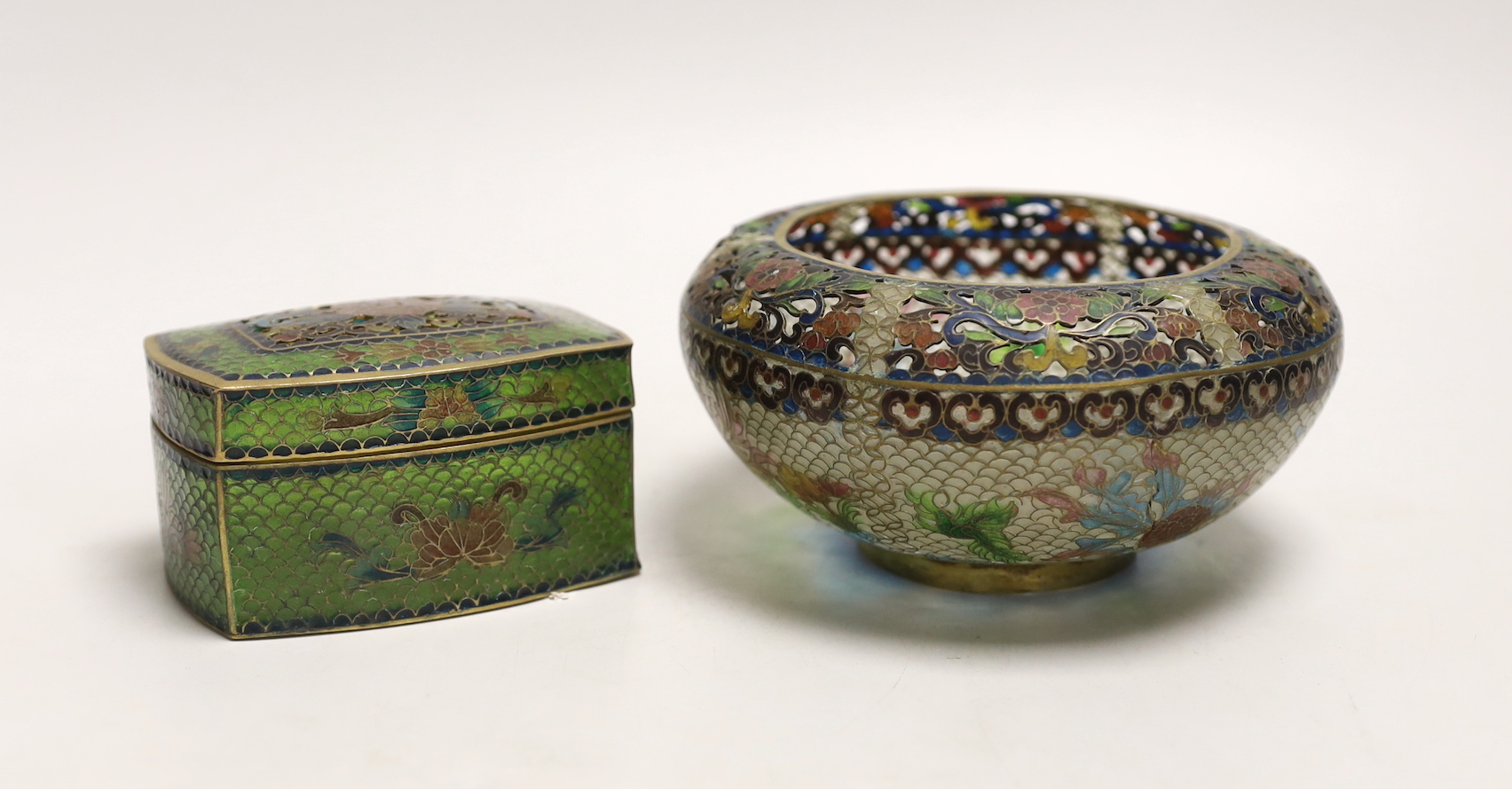 A Chinese plique à jour enamel bowl, 7cm tall, and a similar box and cover